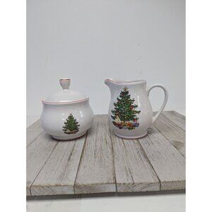 Vintage Cuthbertson American Christmas Tree Sugar Bowl Creamer Set Red Trim